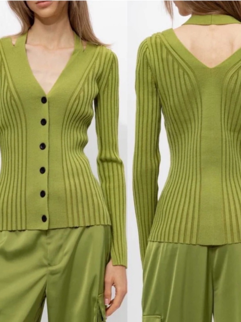 Proenza Schouler Green V-Neck Ribbed Button Cardigan Sweater XS new
